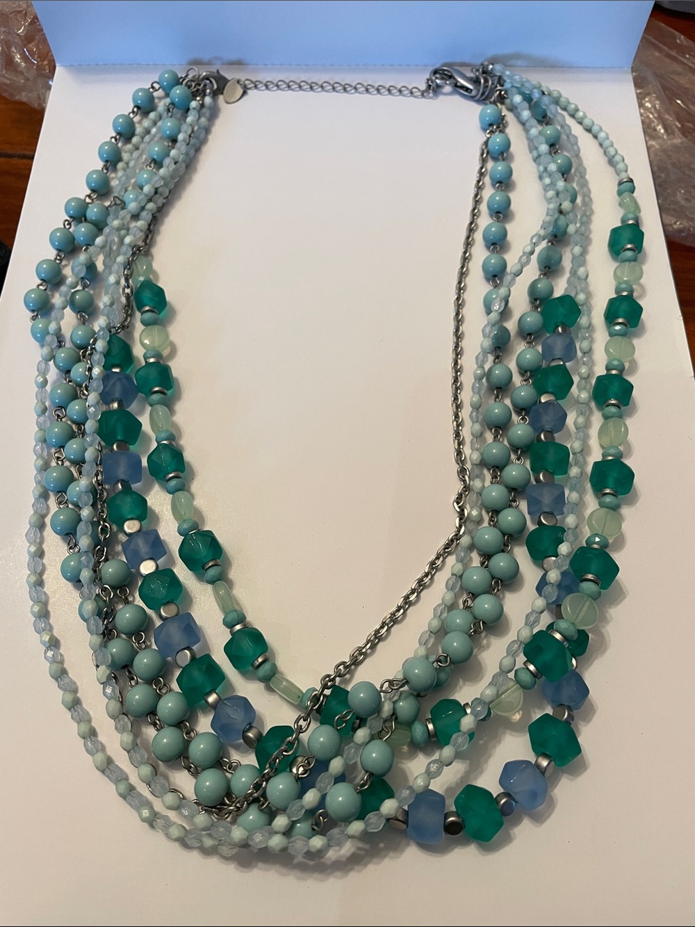 Lia Sophia Layered Beaded Necklace in Teal, Aqua, and Light Blue